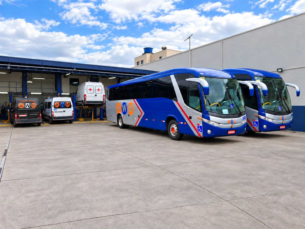 Vista da frota AWM reunida no pátio, com vans e ônibus