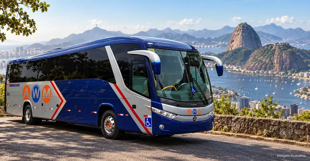 Ônibus da AWM em mirante com vista para o Pão de Açúcar e a Baía de Guanabara, no Rio de Janeiro (imagem ilustrativa)